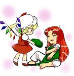  barefoot braid bruise chinese_clothes flandre_scarlet hat highres hong_meiling injury long_hair multiple_girls red_eyes red_hair shoes short_hair single_shoe tears torn_clothes touhou tsukaji twin_braids wings 