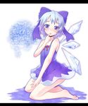  ayagi_daifuku barefoot blue_eyes blue_hair blue_skirt blush bow character_name cirno dress finger_to_mouth hair_bow ice kneeling letterboxed short_dress short_hair skirt solo touhou wings 