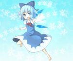  barefoot binsen blue_eyes blue_hair bow cirno dress hair_bow ice neck_ribbon ribbon snowflakes solo touhou wings 