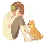  bad_id bad_pixiv_id barefoot blush brown_eyes brown_hair dog feet headphones leg_hug nail_polish original pink_nails shiba_inu sitting smile solo tamayo 