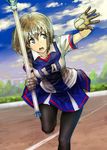  baggataway blue_eyes clothes_writing eyes gloves lacrosse nanase_fumi pantyhose running short_hair silver_hair skirt solo sportswear sweat tobimaru uniform 