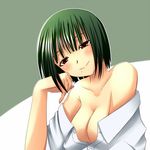  bare_shoulders breasts cleavage green_hair head_tilt idolmaster idolmaster_(classic) large_breasts mole mole_under_mouth off_shoulder open_clothes otonashi_kotori red_eyes shirt short_hair smile solo tog_(shoten) 