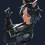  1girl ahoge amd animal_ears black_gloves black_hair black_racing_suit blue_eyes bose breasts closed_mouth ear_ornament ear_piercing epson formula_one fuji_kiseki_(umamusume) gloves hair_between_eyes highres horse_ears horse_girl long_sleeves mercedes-benz multicolored_hair piercing racing_suit short_hair simple_background smile solo toyeeta_prius umamusume upper_body white_hair 