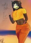 absurd_res alostcarolean anthro beach bottomwear canid canine clothing crop_top female hair hi_res huge_filesize looking_at_viewer mammal messy_hair missing_hand pants scp-1471-a scp_foundation shirt solo star sunset talking_to_viewer text topwear underwear