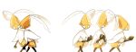 5others arthropod_limbs cloak cropped_legs gears highres holding hollow_knight hollow_knight:_silksong looking_at_another multiple_others no_humans other_focus second_sentinel_(hollow_knight) simple_background starowarblern walking white_background white_cloak white_eyes 