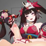  1boy 1girl 3d after_ejaculation bare_shoulders bell black_choker black_gloves blender_(medium) brown_hair character_doll choker commentary cum dab_neko doll eclairstones english_commentary flower_tattoo fox_mask gloves grey_background half-closed_eyes handjob heavy_breathing hetero highres holding holding_doll honkai:_star_rail honkai_(series) long_hair looking_at_viewer mark_under_both_eyes mask mask_on_head mimuiora naughty_face neck_bell penis photoshop_(medium) pink_eyes pov pov_crotch red_nails simple_background single_glove sparkle_(honkai:_star_rail) sweat tattoo twintails uncensored 