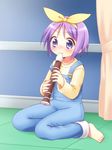  bad_id bad_pixiv_id barefoot blue_eyes hiiragi_tsukasa instrument lucky_star overalls purple_hair recorder short_hair solo usashiro_mani 