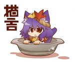  animal_ears cat_ears gurageida omikuji purple_hair solo tail touhou translated yasaka_kanako 