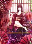  anklet bad_id bad_pixiv_id barefoot blue_eyes brown_hair japanese_clothes jewelry kimono koshaku long_hair original sitting smile solo 