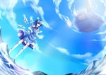  blue_eyes blue_hair bow cirno cloud day dress hair_bow highres huangquan_dong_(sinchi) ice short_hair socks solo touhou wings 
