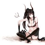  1girl alternate_hairstyle bad_id bad_pixiv_id banned_artist black_gold_saw black_hair black_rock_shooter bra horns lingerie long_hair pale_skin panties ponytail red_eyes sitting solo thighhighs tribute underwear underwear_only 