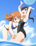  arms_up ball bikini blue_eyes blush breasts brown_eyes brown_hair charlotte_e_yeager cleavage cloud day gertrud_barkhorn komatsu_(sakanae) medium_breasts multiple_girls one-piece_swimsuit one_eye_closed open_mouth outdoors sky small_breasts strike_witches swimsuit wading water wince world_witches_series 