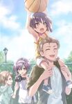  2boys 2girls :d ^_^ aged_up armpits arms_up backlighting ball bare_arms bare_shoulders basketball_(object) blue_sky blurry blurry_background blush brown_hair camera camisole carrying child closed_eyes collarbone commentary_request couple day dress ef_(visual_novel) eyes_visible_through_hair family family_bonding father_and_daughter father_and_son full_body hair_between_eyes hair_slicked_back hairband hands_up hetero highres holding holding_ball holding_camera if_they_mated kuroi_mimei mother_and_daughter mother_and_son multiple_boys multiple_girls open_mouth outdoors pregnant profile purple_hair shindou_kei_(ef) shirt short_hair shorts shoulder_carry sky sleeveless sleeveless_dress smile spiked_hair sweat sweatdrop teeth tsutsumi_kyousuke upper_body upper_teeth_only v-shaped_eyebrows wavy_mouth white_dress white_hairband white_shirt white_shorts yellow_camisole yellow_eyes 