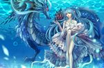  barefoot blue_hair bubble copyright_request dragon dress fish long_hair mokuasa pointy_ears solo underwater 