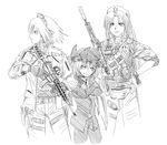  assault_rifle braid commentary_request didloaded fang formal gloves greyscale gun hat hong_meiling izayoi_sakuya knife long_hair m4_carbine maid_headdress monochrome multiple_girls pant_suit remilia_scarlet rifle short_hair suit touhou trigger_discipline twin_braids weapon wings 