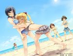  akizuki_ryou angry antenna_hair barefoot beach bikini blonde_hair blue_hair blush bow brown_eyes closed_eyes cloud day dutch_angle freckles hair_bobbles hair_bow hair_ornament hairclip hidaka_ai hug idolmaster idolmaster_dearly_stars innertube long_hair mizutani_eri multiple_girls ocean otoko_no_ko outdoors ozaki_reiko plaid plaid_bikini sand sandals short_hair skirt sky smile striped striped_bikini striped_swimsuit sun suzuki_ayane swimsuit twintails water yugusa_yuube 