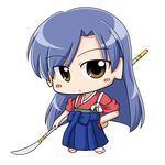  hand_on_hip idolmaster idolmaster_(classic) japanese_clothes kimono kisaragi_chihaya naginata polearm solo wagomu17 weapon 