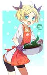  ahoge apron blonde_hair blue_eyes blush hair_ribbon jikunyaga open_mouth original oven_mitts plaid plaid_ribbon pot ribbon self-portrait short_hair short_twintails sleeves_rolled_up solo tears twintails 