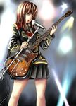  bad_id bad_pixiv_id brown_hair guitar instrument setsuko_ohara skirt solo super_robot_wars uniform watanore 