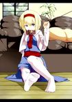  alice_margatroid bad_id bad_pixiv_id blonde_hair blue_eyes capelet collar couch feet foreshortening hairband highres leash letterboxed on_floor shamo_(koumakantv) sitting solo thighhighs touhou uneven_eyes white_capelet white_legwear 