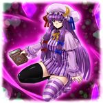  bad_id bad_pixiv_id book crescent highres long_hair minarai mismatched_legwear patchouli_knowledge purple_eyes purple_hair solo striped striped_legwear thighhighs touhou 