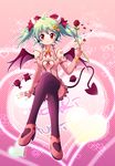  ahoge bow crossed_legs demon_tail demon_wings elbow_gloves fingerless_gloves flower gloves green_hair hair_bow hatsune_miku headset heart heart_hunter_(module) horns petals project_diva project_diva_(series) red_eyes red_flower red_rose rose rose_petals sitting smile solo syaron tail thighhighs vocaloid wings 