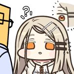  1boy 1girl ? blonde_hair blush_stickers gakuen_idolmaster glasses hair_ornament hairclip idolmaster jazz_jack lowres orange_eyes p-head_producer parted_bangs producer_(idolmaster) shinosawa_hiro simple_background thick_eyelashes white_background 