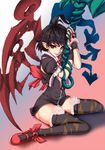  asymmetrical_wings black_hair black_legwear classictime dress embellished_costume frills gloves houjuu_nue lace lace-trimmed_thighhighs pointy_ears polearm red_eyes short_hair snake solo thighhighs touhou trident weapon wings zettai_ryouiki 