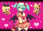  2girls aqua_eyes aqua_hair belt blonde_hair chibi d_(pixiv544157) demon_tail demon_wings elbow_gloves garter_straps gloves hatsune_miku headset heart heart_hunter_(module) kagamine_len kagamine_rin multiple_girls navel project_diva project_diva_(series) short_hair skirt tail thighhighs twintails vocaloid wings 