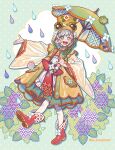  1girl :d absurdres animal_hood blue_hair blush boots commentary_request dango flower food frog frog_hood full_body green_background green_eyes green_raincoat green_umbrella highres holding holding_umbrella hood hood_up hydrangea im_honeybread leaf long_sleeves looking_at_viewer open_mouth original pantyhose polka_dot polka_dot_background rain raincoat red_boots sanshoku_dango short_hair smile solo standing standing_on_one_leg twitter_username umbrella wagashi white_pantyhose wide_sleeves 