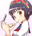  black_eyes black_hair flower hair_flower hair_ornament handheld_game_console head_wreath nintendo_ds sakugawa_school_uniform school_uniform serafuku short_hair solo stylus takashiro_(takashiro_factory) to_aru_kagaku_no_railgun to_aru_majutsu_no_index uiharu_kazari 