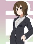  alternate_hairstyle brown_eyes brown_hair business_suit face formal gradient gradient_background hair_down hands_on_hips ikari_manatsu k-on! md5_mismatch older pant_suit short_hair silhouette smile solo suit suzuki_jun 