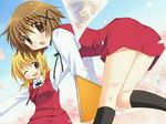  blonde_hair blush brown_eyes brown_hair hidamari_sketch kadoi_aya miyako multiple_girls one_eye_closed school_uniform short_hair yuno 