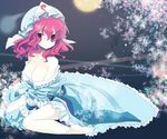  barefoot breasts cleavage hat large_breasts moon red_eyes red_hair saigyouji_yuyuko solo touhou yuzuki_gao 