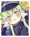 ... 1girl armband atuudon blue_archive blue_armband blush border buttons chestnut_mouth chibi commentary_request double-breasted dutch_angle gloves green_hair hat highres hikari_(blue_archive) looking_at_viewer notice_lines parted_lips peaked_cap sidelocks spoken_ellipsis train_conductor upper_body white_gloves yellow_eyes 