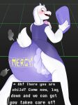 ambiguous_gender anthro babying_viewer blush bovid burritokitten caprine dialogue diaper diaper_puff geometric_background goat grid_background hi_res holding_diaper looking_at_viewer mammal pattern_background printed_diaper purple_diaper simple_background solo text_box toriel touching_diaper undertale_(series)