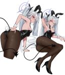  1girl animal_ears armpits ass black_leotard blue_archive breasts dark-skinned_female dark_skin detached_collar fake_animal_ears grey_hair hair_over_one_eye halo high_heels iori_(blue_archive) leotard long_hair looking_at_viewer looking_to_the_side medium_breasts necktie pantyhose playboy_bunny pointy_ears rabbit_ears rabbit_tail red_eyes shigure_s strapless strapless_leotard tail twintails wrist_cuffs 