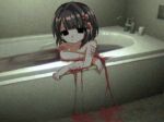  1girl bath bathroom bathtub black_eyes black_hair bleeding blood cuts expressionless food-themed_hair_ornament hair_ornament injury looking_at_viewer original self-harm shinsekai_(z_o10) short_hair solo strawberry_hair_ornament water wrist_cutting 