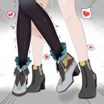  2girls absurdres black_footwear black_thighhighs emphasis_lines firefly_(honkai:_star_rail) grey_footwear heart high_heels highres honkai:_star_rail honkai_(series) implied_futanari implied_sex knees_together_feet_apart legs_apart motion_lines multiple_girls out_of_frame ryuuji_29 simple_background spoken_heart standing standing_on_one_leg stelle_(honkai:_star_rail) suggestive_fluid thighhighs trailblazer_(honkai:_star_rail) 