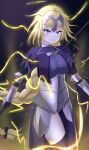  1girl absurdres armor armored_dress blonde_hair blue_eyes blush braid breasts chain fate/apocrypha fate/grand_order fate_(series) faulds flag gauntlets headpiece highres holding holding_weapon jeanne_d&#039;arc_(fate) large_breasts light_particles long_braid long_hair long_skirt looking_at_viewer magic night plackart polearm short_hair simple_background single_braid skirt smile solo spear standard_bearer very_long_hair weapon yissou_art 