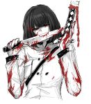  1girl ashi_(dongshi389) black_hair blood blood_in_hair blood_on_arm blood_on_clothes blood_on_face blood_on_hands blood_on_knife blood_stain highres katana knife limbus_company official_alternate_costume project_moon red_eyes ryoshu_(project_moon) sheath simple_background solo sword upper_body weapon white_background 