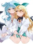  2girls between_legs blonde_hair blue_eyes blue_hair blush bow breasts cleavage collarbone commentary dragon_wings elira_pendora fang hair_between_eyes hair_bow hand_between_legs hand_on_another&#039;s_thigh head_wings heart heart-shaped_pupils heterochromia highres hisuisai_e5 long_hair looking_at_another low_wings multiple_girls nijisanji nijisanji_en nose_blush pointy_ears pomu_rainpuff red_eyes skin_fang symbol-only_commentary symbol-shaped_pupils virtual_youtuber wings yuri 