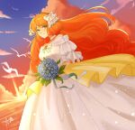  1girl absurdres asu_0602 bird bouquet bow bowtie bride choker dress flower gem green_eyes highres holding holding_bouquet ishmael_(project_moon) limbus_company off_shoulder orange_hair project_moon ribbon solo wedding wedding_dress white_bow white_bowtie white_choker 