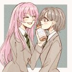  2girls ^_^ bang_dream! bang_dream!_it&#039;s_mygo!!!!! blazer blush border bottle brown_eyes chihaya_anon closed_eyes closed_mouth collared_shirt commentary diagonal-striped_clothes diagonal-striped_necktie fang green_necktie grey_background grey_hair grey_jacket haneoka_school_uniform highres holding holding_bottle jacket long_hair long_sleeves looking_at_another multiple_girls necktie open_mouth outside_border pink_hair saneri_(sanerii_25) school_uniform shirt short_hair striped_clothes takamatsu_tomori upper_body white_border white_shirt 