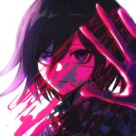  1boy backlighting blood blood_splatter checkered_clothes checkered_scarf closed_mouth commentary_request danganronpa_(series) danganronpa_v3:_killing_harmony expressionless flipped_hair foreshortening hair_between_eyes hand_up looking_at_viewer male_focus oma_kokichi pink_blood portrait purple_eyes purple_hair ringed_eyes scarf short_hair solo teruha_kurumi white_background wiping 