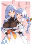  2girls animal_ear_fluff animal_ears black_bodysuit black_gloves blue_hair blush bodysuit bow braid braided_ponytail breasts carrot_hair_ornament cleavage don-chan_(usada_pekora) dress food-themed_hair_ornament fur-trimmed_dress fur-trimmed_gloves fur_trim gloves grabbing grabbing_another&#039;s_breast hair_bow hair_ornament hololive large_breasts looking_at_viewer mature_female mother_and_daughter mr.canaryy multicolored_hair multiple_girls open_mouth orange_eyes pekomama rabbit-shaped_pupils rabbit_ears rabbit_girl short_eyebrows smile streaked_hair symbol-shaped_pupils twin_braids usada_pekora usada_pekora_(1st_costume) virtual_youtuber white_bow white_dress white_hair 