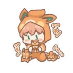  1girl :&lt; :3 animal_costume aqua_eyes blush chibi chibi_only closed_eyes closed_mouth commentary covered_mouth crossed_bangs full_body hinoshita_kaho holding holding_pokemon link!_like!_love_live! looking_at_animal love_live! orange_hair pawmo pokemon pokemon_(creature) simple_background sitting sunkeun04 translation_request virtual_youtuber white_background |_| 