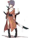  1girl black_gloves black_hair boots full_body gloves orange_eyes original pointing sarashi short_hair smile solo standing sword weapon white_background 