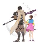  1boy 1girl ? adjusting_another&#039;s_clothes ankle_socks blue_jeogori braid brown_hair brown_pants brown_scarf d.va_(overwatch) flats from_behind full_body highres holding holding_staff holding_weapon humanoid_robot multicolored_jeogori official_alternate_costume overwatch overwatch_2 palanquin_d.va pants pink_skirt purple_footwear ramattra_(overwatch) robot scarf simple_background single_braid skirt socks spoken_question_mark staff standing velinxi weapon white_background white_socks wind 