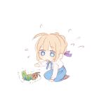  1girl ahoge arm_up artoria_pendragon_(fate) black_pantyhose blonde_hair blue_bow blue_bowtie blue_eyes blue_skirt blush_stickers bow bowtie caterpillar chibi collared_shirt fate/stay_night fate_(series) flying_sweatdrops full_body hair_between_eyes hair_bow hair_bun looking_down machi_(uqyjee) open_mouth pantyhose puffy_short_sleeves puffy_sleeves purple_bow saber_(fate) seiza shirt short_hair short_sleeves sidelocks simple_background sitting skirt sweatdrop white_background 